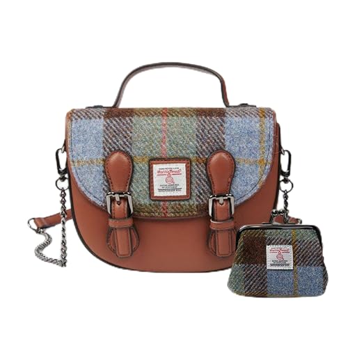 Islander Set von Harris Tweed Mini Cobble Satchel & Coin Purse Present, Kastanienblaues Schottenkaro, 8.66”x3.14”x7.48” and 4.72” L x 3.93” von Islander