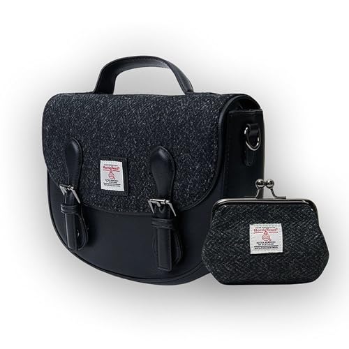 Islander Set von Harris Tweed Mini Cobble Satchel & Coin Purse Present, Schwarzes Fischgrätenmuster, 8.66”x3.14”x7.48” and 4.72” L x 3.93” von Islander