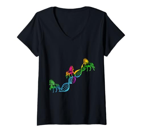 Damen Tölt Islandpferd Pferd bunt Isländer Pferde DNA T-Shirt mit V-Ausschnitt von Islandpferde Damen Kinder Herren Zubehör Geschenke