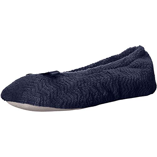 isotoner Damen Chevron Microterry Ballerina Slipper mit feuchtigkeitsableitendem Futter, Schleife und Wildledersohle für Komfort, marineblau, 36.5/37.5 EU von Isotoner