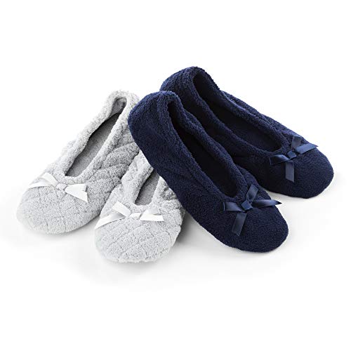 isotoner Damen 2er-Pack Ballerina Slipper gesteppt und solide Ballerina Ballerina Flat, Hellgrau gesteppt, marineblau, einfarbig, 38/39 EU von Isotoner