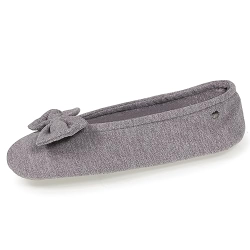 Isotoner Ballerina-Hausschuhe für Damen, große Schleife, aus recyceltem Fleece, grau, 41/42 EU von Isotoner