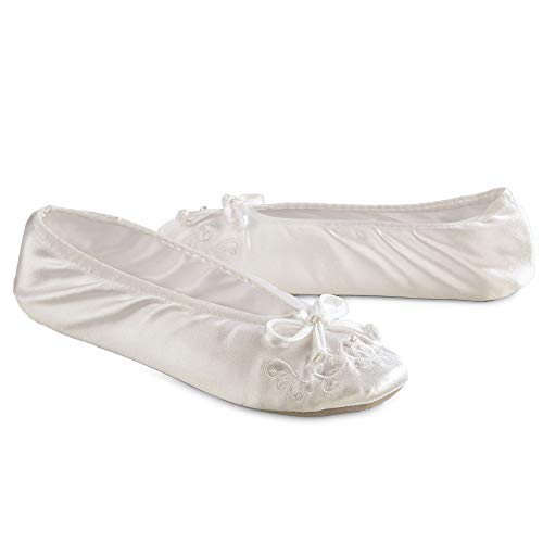 isotoner Damen-Ballerinas aus Satin mit Perlenstickerei, Weiss/opulenter Garten, 6.5-7.5 von Isotoner