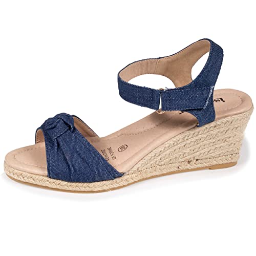 Isotoner Espadrilles Damen mit Absatz 6 cm und offener Zehenpartie Schleife, blau, 37 EU von Isotoner