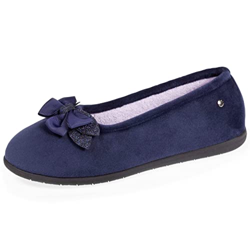 Isotoner Hausschuhe Ballerinas Damen Microvelours, marine, 36 EU von Isotoner