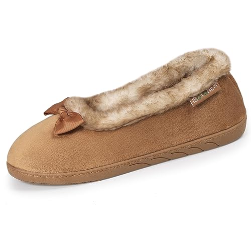 Isotoner Hausschuhe Ballerinas für Damen, Velours, ultra-bequeme Sohle, camel, 41 EU von Isotoner