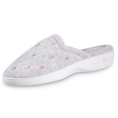 Isotoner Women's Classic Terry Clog Slippers Slip on, Heather Grey Flower, Large / 8.5-9 Regular US von Isotoner