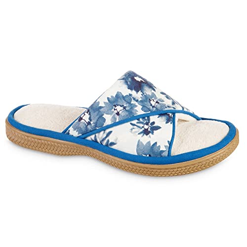 isotoner Damen Hausschuhe Bio Baumwolle mit Blumenmuster Insel Blau 39-40 von Isotoner