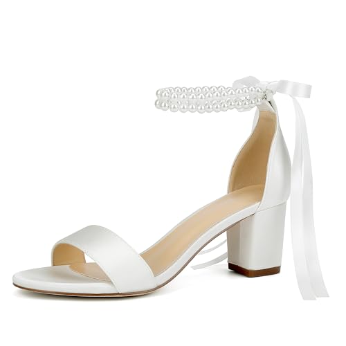 Isobud Damen Open Toe Perle Hochzeit Schuhe für Braut Weiß Heels mit Schleife Brautschuhe Chunky Block Satin Heels Sandalen, Elfenbein, 38 EU von Isowbud