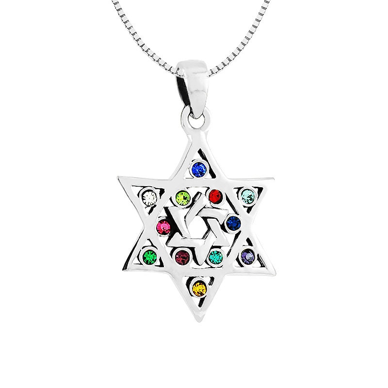 925 Sterling Silber Magan Von David Hoshen Anhänger Set Mit 12 Kristallfarbe, Stämme Israels Halskette 925 Sterling Silber Magan Von David Hoshen Anhänger Set Mit 12 Kristallfarbe, Stämme Israels Halskette von IsraelGiftsCo