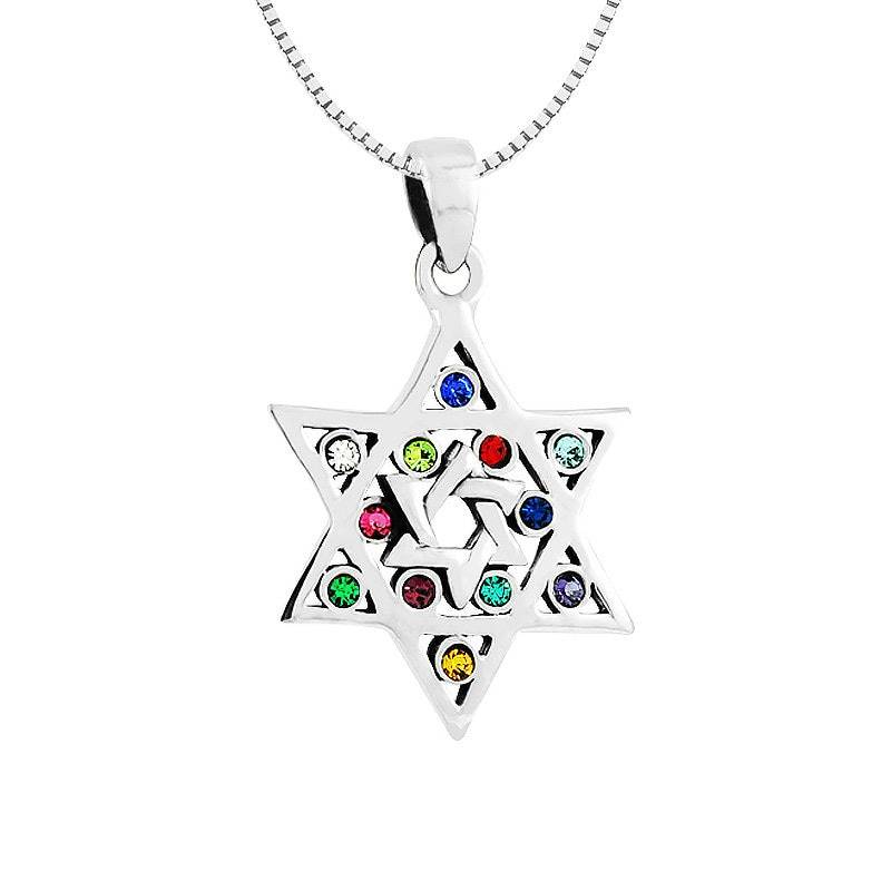 925 Sterling Silber Magan Von David Hoshen Anhänger Set Mit 12 Kristallfarbe, Stämme Israels Halskette 925 Sterling Silber Magan Von David Hoshen Anhänger Set Mit 12 Kristallfarbe, Stämme Israels Halskette von IsraelGiftsCo