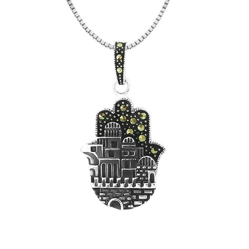 925Er Sterling Silber Hamsa Anhänger Mit Jerusalem Mauer Besetzt Markasiten 925Er Sterling Silber Hamsa Anhänger Mit Jerusalem Mauer Besetzt Markasiten von IsraelGiftsCo