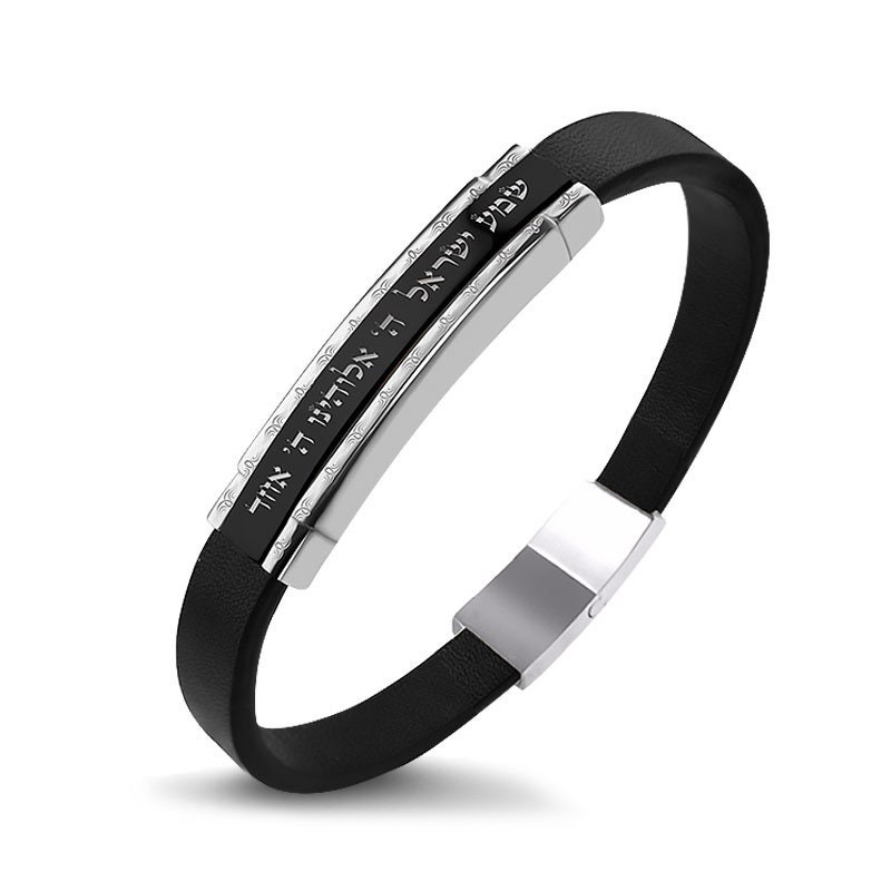 Edelstahl Lederarmband Shema Yisrael in Schwarz Pvd Beschichtung , Israel Herren Armband Edelstahl Lederarmband Shema Yisrael in Schwarz Pvd Beschichtung , Israel Herren Armband von IsraelGiftsCo