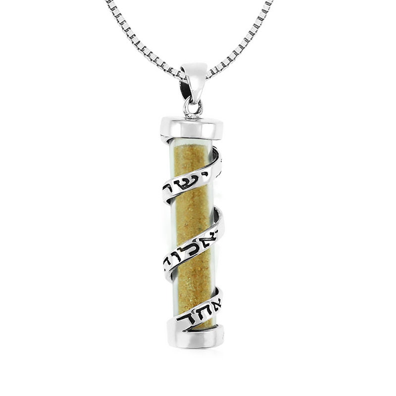 Spiral Mezuzah 925 Sterling Silber Anhänger, Halskette Shema Yisrael, Israel Mit Sand Spiral Mezuzah 925 Sterling Silber Anhänger, Halskette Shema Yisrael, Israel Mit Sand von IsraelGiftsCo