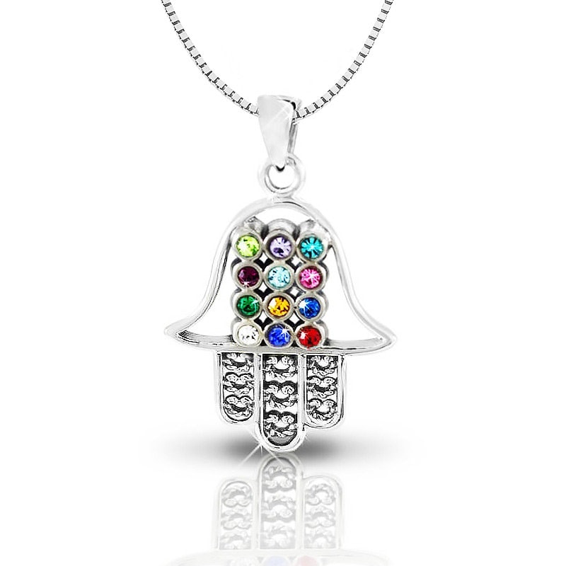 Wunderschöner 925Er Sterling Silber Hamsa Hoshen Anhänger Set Mit 12 Crystal Color, Tribes Of Israel Halskette Wunderschöner 925Er Sterling Silber Hamsa Hoshen Anhänger Set Mit 12 Crystal Color, Tribes Of Israel Halskette von IsraelGiftsCo