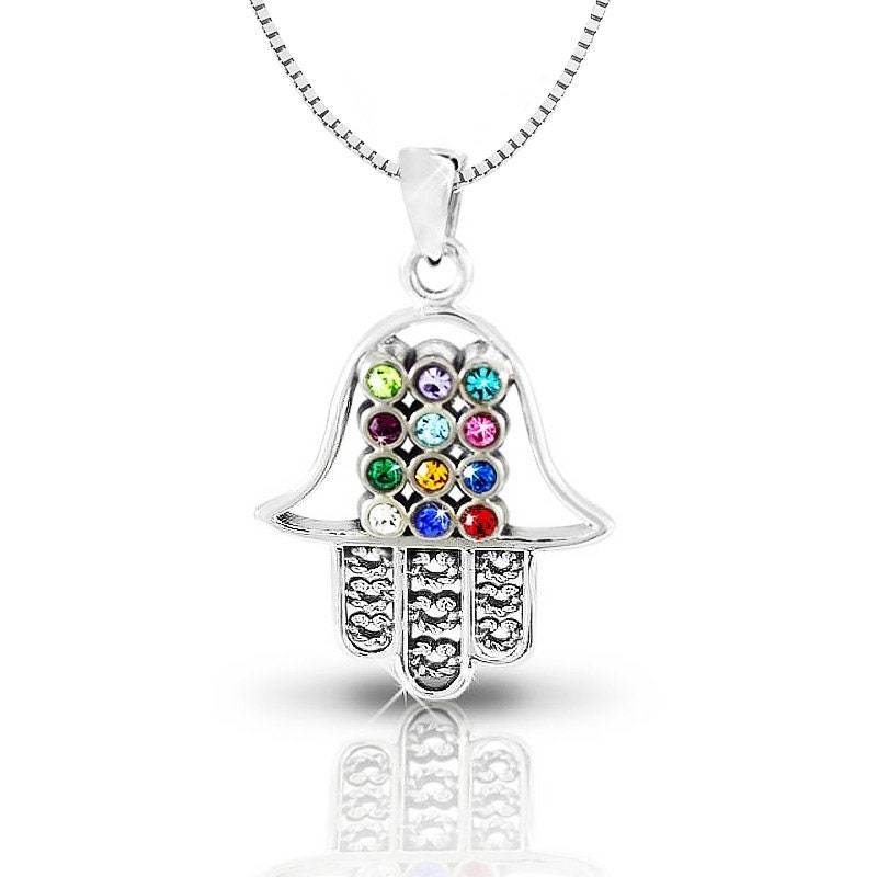 Wunderschöner 925Er Sterling Silber Hamsa Hoshen Anhänger Set Mit 12 Crystal Color, Tribes Of Israel Halskette Wunderschöner 925Er Sterling Silber Hamsa Hoshen Anhänger Set Mit 12 Crystal Color, Tribes Of Israel Halskette von IsraelGiftsCo