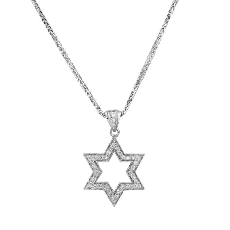 Diamant-David-Stern-Anhänger, Davidstern-Anhänger-Halskette, 14 Karat Gold Offene Stern-Umriss-Anhänger Diamant Magen David Diamant-David-Stern-Anhänger, Davidstern-Anhänger-Halskette, 14 Karat Gold Offene Stern-Umriss-Anhänger Diamant Magen David von IsraeliJudaica