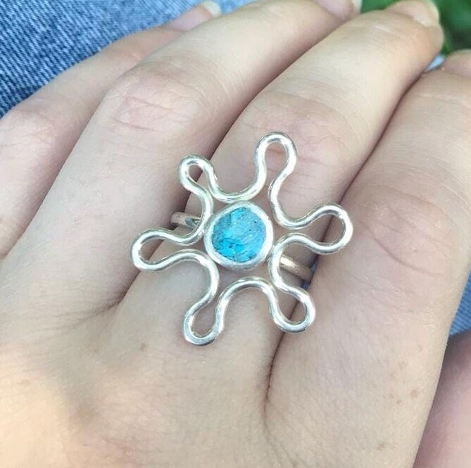 Sterling Silber Türkis Ring Blumendraht Statement Ring, Einstellbar von HolyLandJewels18