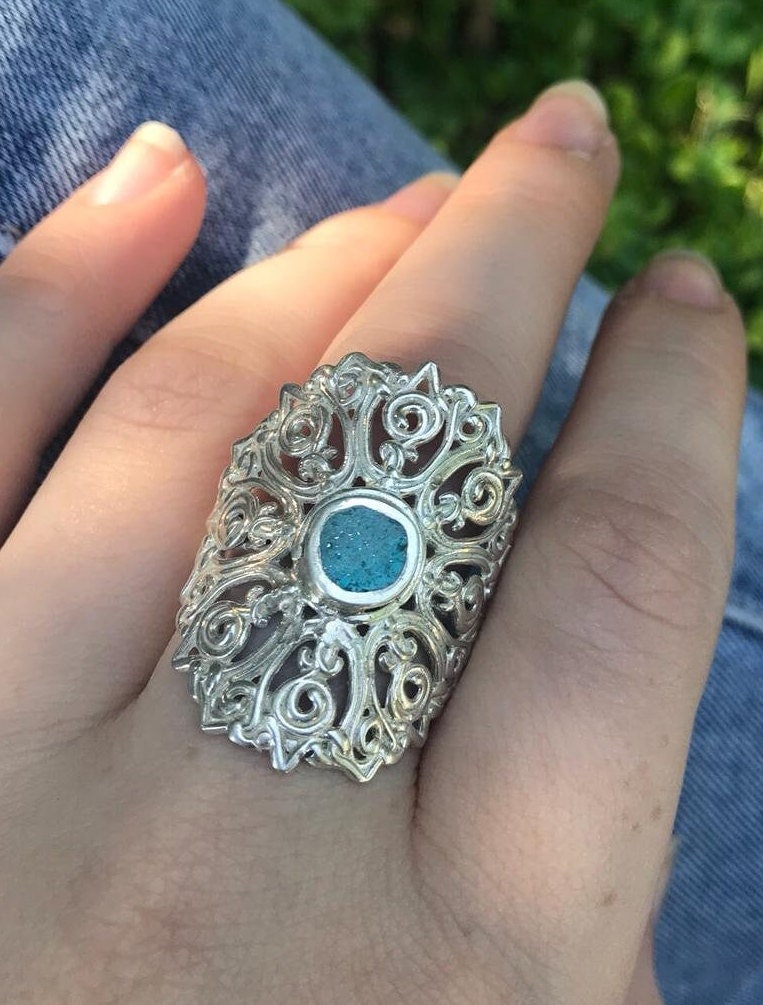 Sterling Silber Filigran Mandala Ring Türkis Boho Statement Schmuck von HolyLandJewels18