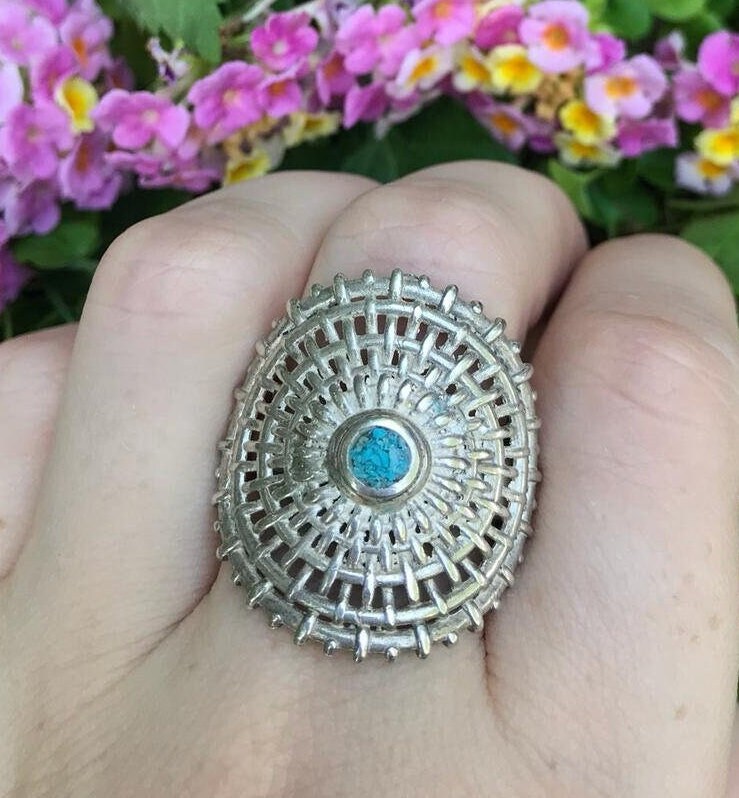 Großer Sterling Silber Mandala Ring Türkis Boho Statement Ring von HolyLandJewels18