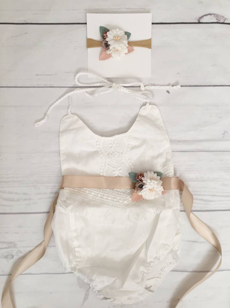 Boho Chic Blush Strampler Mit Schärpe Und Stirnband. Neugeborenes Baby Coming Home Outfit, 1. Geburtstag Cake Smash Outfit. Sommer von IssaBugsBoutique