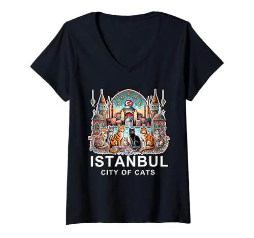 Damen Istanbul, Türkei - Stadt der Katzen II - in türkischem Weiß T-Shirt mit V-Ausschnitt Damen Istanbul, Türkei - Stadt der Katzen II - in türkischem Weiß T-Shirt mit V-Ausschnitt von Istanbul Merch, Gifts & Travel