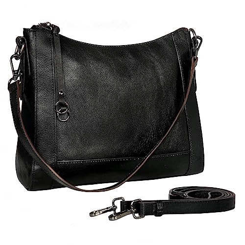 Iswee Echtes Leder Crossbody Taschen für Frauen Satchel Geldbörse Hobo Handtasche Damen Vintage Umhängetasche Arbeit, Schwarz, Damen Umhängetasche Umhängetasche von Iswee