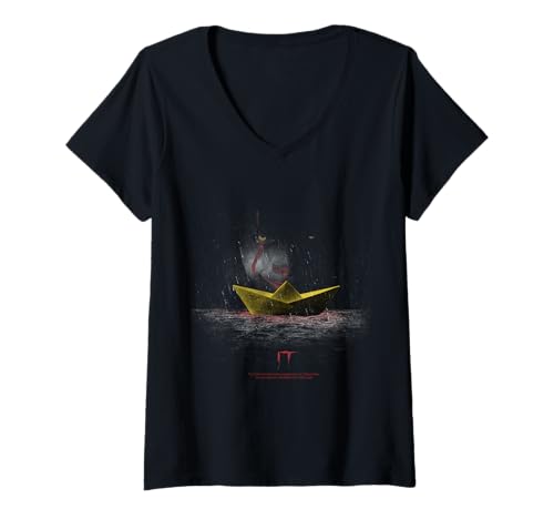 Damen It Movie 2025 Pennywise Rätselhaftes Papierboot T-Shirt mit V-Ausschnitt Damen It Movie 2025 Pennywise Rätselhaftes Papierboot T-Shirt mit V-Ausschnitt von It Movie