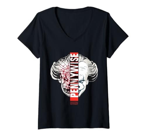 Damen Pennywise Horrorclown-Grafik mit geteiltem Gesicht T-Shirt mit V-Ausschnitt von It Movie