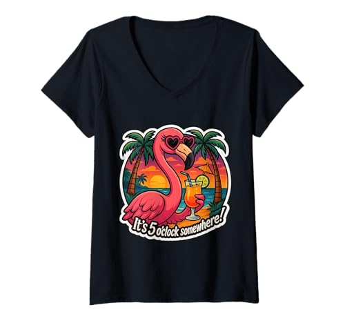 Damen It's 5 O'Clock Somewhere Damen Flamingo Cocktail Vintage T-Shirt mit V-Ausschnitt Damen It's 5 O'Clock Somewhere Damen Flamingo Cocktail Vintage T-Shirt mit V-Ausschnitt von It's 5 O'Clock Somewhere Flamingo Cocktail Merch