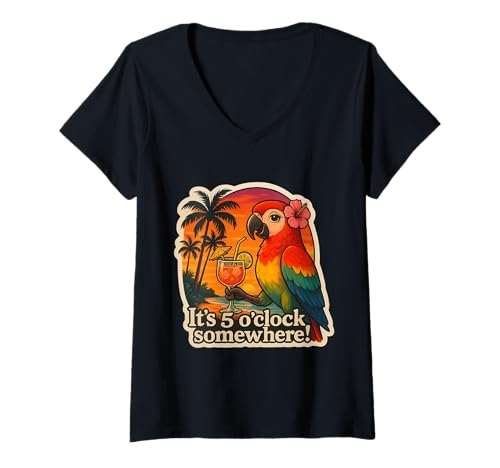 Damen It's 5 O'Clock Somewhere Lustiger Papagei für Damen, exotisch, Vintage-Stil T-Shirt mit V-Ausschnitt Damen It's 5 O'Clock Somewhere Lustiger Papagei für Damen, exotisch, Vintage-Stil T-Shirt mit V-Ausschnitt von It's 5 O'Clock Somewhere Parrot Vintage Products