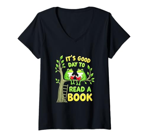 Damen Retro Frog Toad T-Shirt mit V-Ausschnitt Damen Retro Frog Toad T-Shirt mit V-Ausschnitt von It's A Good Day To Read A Book Frog Reading Book