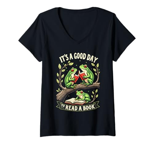 Damen Retro Frog Toad T-Shirt mit V-Ausschnitt Damen Retro Frog Toad T-Shirt mit V-Ausschnitt von It's A Good Day To Read A Book Frog Reading Book