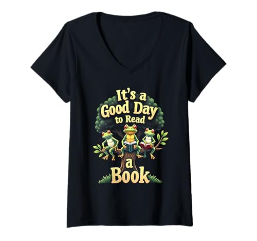Damen Retro Frog Toad T-Shirt mit V-Ausschnitt Damen Retro Frog Toad T-Shirt mit V-Ausschnitt von It's A Good Day To Read A Book Frog Reading Book