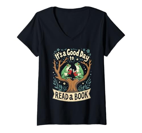 Damen Retro Frog Toad T-Shirt mit V-Ausschnitt Damen Retro Frog Toad T-Shirt mit V-Ausschnitt von It's A Good Day To Read A Book Frog Reading Book