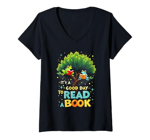 Damen Retro Frog Toad T-Shirt mit V-Ausschnitt Damen Retro Frog Toad T-Shirt mit V-Ausschnitt von It's A Good Day To Read A Book Frog Reading Book