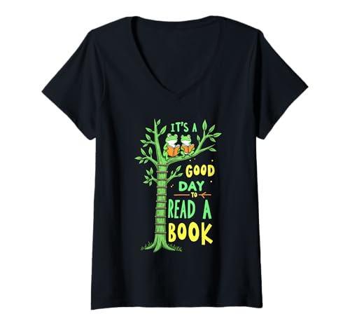 Damen Retro Frog Toad T-Shirt mit V-Ausschnitt Damen Retro Frog Toad T-Shirt mit V-Ausschnitt von It's A Good Day To Read A Book Frog Reading Book