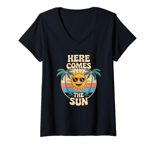 Damen Hier kommt Sonne, Sommersonne und Sonnenscheinliebhaber T-Shirt mit V-Ausschnitt von It's All Sunshine