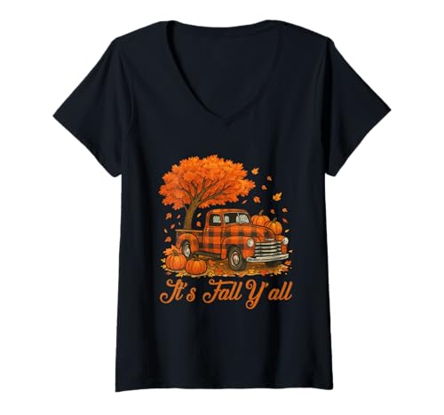 Damen It's Fall Y'all Kürbis Truck Herbst Baum Thanksgiving T-Shirt mit V-Ausschnitt von It's Fall Y'all Truck Autumn Thanksgiving