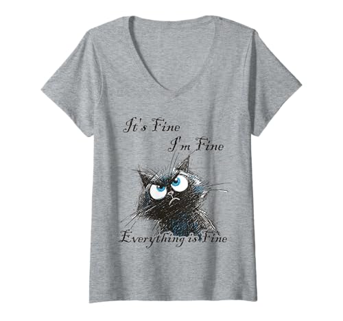 Damen It's Fine I'm Fine Everything is Fine Katzenfarbe T-Shirt mit V-Ausschnitt Damen It's Fine I'm Fine Everything is Fine Katzenfarbe T-Shirt mit V-Ausschnitt von It's Fine I'm Fine Apparel