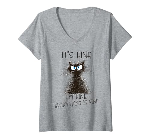 Damen It's Fine I'm Fine Everything is Fine Katzenfarbe T-Shirt mit V-Ausschnitt Damen It's Fine I'm Fine Everything is Fine Katzenfarbe T-Shirt mit V-Ausschnitt von It's Fine I'm Fine Apparel