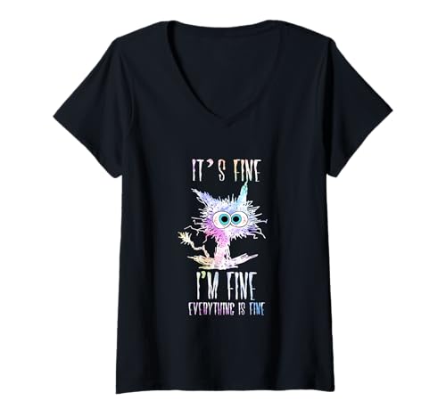 Damen I'm Fine It's Fine Everything Is Fine Hemd Batikkatze T-Shirt mit V-Ausschnitt Damen I'm Fine It's Fine Everything Is Fine Hemd Batikkatze T-Shirt mit V-Ausschnitt von It's Fine I'm Fine Everything Is Fine Cat Tee
