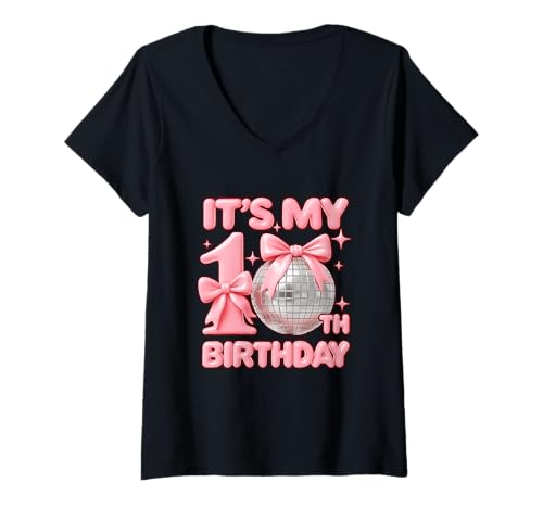 Damen It's My 10th Birthday Coquette Bow Discokugel 10 Year Old T-Shirt mit V-Ausschnitt von It's My 10Th Birthday Bow Disco Ball 10 Year Old