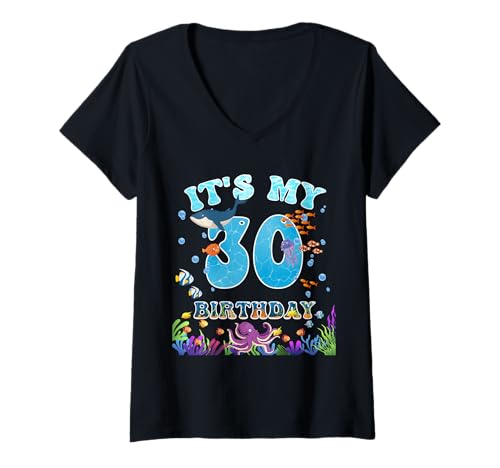 Damen Aquarium mit Meerestieren zum 30. Geburtstag, 30 Jahre alt T-Shirt mit V-Ausschnitt Damen Aquarium mit Meerestieren zum 30. Geburtstag, 30 Jahre alt T-Shirt mit V-Ausschnitt von It's My 30th Birthday Ocean Animals Aquarium 30