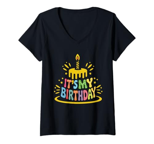 Damen Lustiges, buntes It's My Birthday-T-Shirt für Feiern T-Shirt mit V-Ausschnitt Damen Lustiges, buntes It's My Birthday-T-Shirt für Feiern T-Shirt mit V-Ausschnitt von It's My Birthday Colorful Party Tee