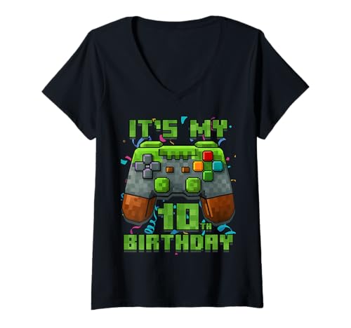 Damen 10. Geburtstag 10 Jahre alt Geburtstag Junge Gamer Pixel Nummer T-Shirt mit V-Ausschnitt Damen 10. Geburtstag 10 Jahre alt Geburtstag Junge Gamer Pixel Nummer T-Shirt mit V-Ausschnitt von It's My Birthday Gamer Pixel Birthday Boy Shirt