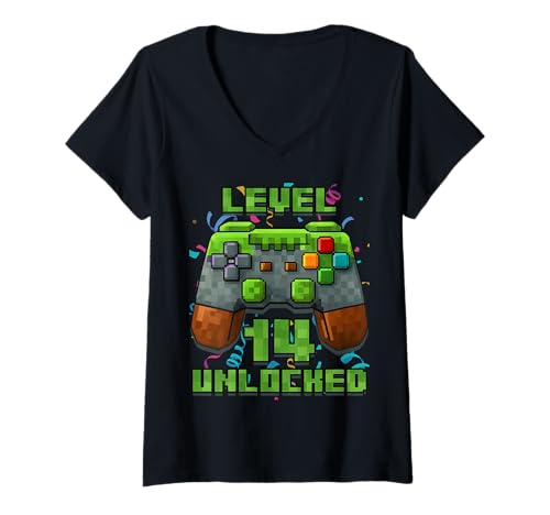 Damen 14. Geburtstag 14 Jahre alt Geburtstag Junge Gamer Pixel Nummer T-Shirt mit V-Ausschnitt Damen 14. Geburtstag 14 Jahre alt Geburtstag Junge Gamer Pixel Nummer T-Shirt mit V-Ausschnitt von It's My Birthday Gamer Pixel Birthday Boy Shirt