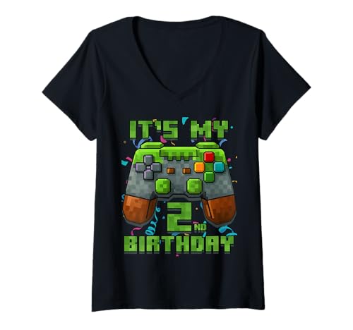 Damen 2. Geburtstag 2 Jahre alt Geburtstag Junge Gamer Pixel Nummer T-Shirt mit V-Ausschnitt Damen 2. Geburtstag 2 Jahre alt Geburtstag Junge Gamer Pixel Nummer T-Shirt mit V-Ausschnitt von It's My Birthday Gamer Pixel Birthday Boy Shirt
