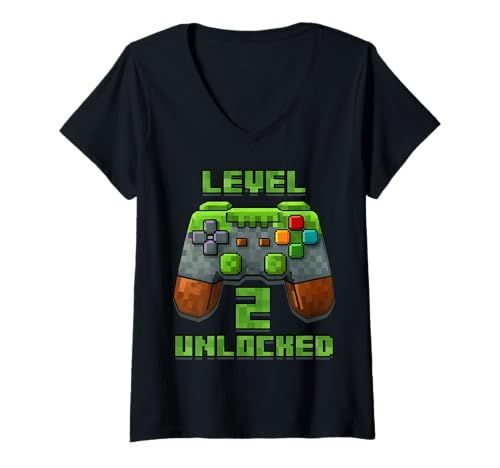 Damen 2. Geburtstag 2 Jahre alt Geburtstag Junge Gamer Pixel Nummer T-Shirt mit V-Ausschnitt Damen 2. Geburtstag 2 Jahre alt Geburtstag Junge Gamer Pixel Nummer T-Shirt mit V-Ausschnitt von It's My Birthday Gamer Pixel Birthday Boy Shirt