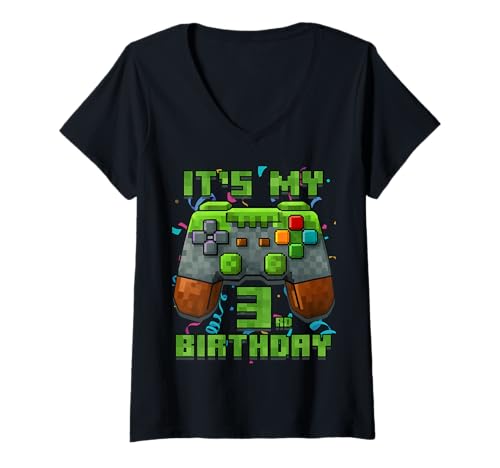 Damen 3. Geburtstag 3 Jahre alt Geburtstag Junge Gamer Pixel Nummer T-Shirt mit V-Ausschnitt Damen 3. Geburtstag 3 Jahre alt Geburtstag Junge Gamer Pixel Nummer T-Shirt mit V-Ausschnitt von It's My Birthday Gamer Pixel Birthday Boy Shirt